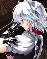 Rule 34 | 1girl, absurdres, between fingers, black gloves, blue eyes, braid, commentary, crossed arms, gloves, highres, holding, holding knife, izayoi sakuya, kikoka (mizuumi), knife, knives between fingers, maid headdress, medium hair, puffy short sleeves, puffy sleeves, short sleeves, side braid, silver hair, solo, touhou, upper body
