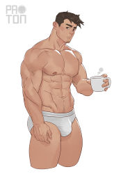 Rule 34 | 1boy, abs, ace attorney, ajproton, bad id, bad twitter id, bara, briefs, brown hair, bulge, coffee mug, cropped legs, cup, dick gumshoe, highres, large pectorals, looking at viewer, male focus, male underwear, manly, mug, muscular, navel, nipples, pectorals, short hair, solo, thick thighs, thighs, underwear, underwear only, white background