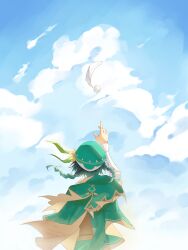 Rule 34 | 1boy, absurdres, arm up, ayawo 35, back, beret, black hair, blue gemstone, blue sky, braid, capelet, cloud, cloudy sky, commentary, corset, day, english commentary, feathers, flower, gem, genshin impact, gradient hair, green capelet, green hair, green hat, green shorts, hair ornament, hat, hat flower, hat ornament, highres, index finger raised, juliet sleeves, leaf, leaf hat ornament, long sleeves, male focus, multicolored hair, outdoors, pom pom (clothes), puffy sleeves, shirt, short hair, shorts, sky, solo, standing, twin braids, venti (genshin impact), vision (genshin impact), white shirt, yellow flower