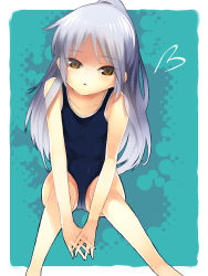 Rule 34 | 10s, 1girl, angel beats!, bad id, bad pixiv id, blue hair, brown eyes, foreshortening, grey hair, own hands clasped, highres, interlocked fingers, kakei, hugging own legs, long hair, one-piece swimsuit, own hands together, ponytail, school swimsuit, sitting, solo, swimsuit, tenshi (angel beats!)