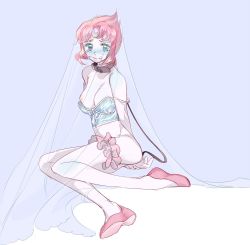 Rule 34 | 1girl, arms behind back, bad id, bad twitter id, blush, bottomless, breasts, chuong, crying, forehead jewel, leash, looking at viewer, nipple slip, nipples, one breast out, pearl (steven universe), pink hair, see-through, sitting, slave, small breasts, solo, steven universe, strap slip, tearing up, thigh strap