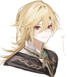 Rule 34 | 1boy, blonde hair, blush, closed mouth, collared shirt, commentary request, cropped shoulders, earrings, eyelashes, genshin impact, hair between eyes, highres, jewelry, kaveh (genshin impact), long hair, looking at viewer, male focus, mandarin collar, necklace, red eyes, sabayu 05, shirt, sidelocks, simple background, smile, solo, translation request, upper body, white background, white shirt