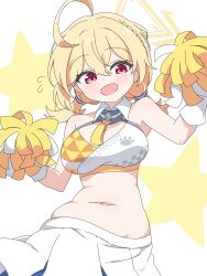 Rule 34 | 1girl, absurdres, ahoge, bare shoulders, blonde hair, blue archive, blush, braid, breasts, cheerleader, cleavage, collar, commentary, crop top, detached collar, flying sweatdrops, gloves, halo, hands up, highres, holding, holding pom poms, kotori (blue archive), kotori (cheer squad) (blue archive), mangyu0111, medium breasts, medium hair, millennium cheerleader outfit (blue archive), muffin top, navel, open mouth, pleated skirt, pom pom (cheerleading), pom poms, red eyes, short twintails, simple background, skirt, solo, star (symbol), stomach, triangle halo, twintails, white collar, white gloves, white skirt, yellow halo