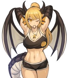 Rule 34 | 1girl, abs, absurdres, armpits, arms behind head, arms up, blonde hair, breasts, cleavage, collarbone, commentary, commission, cowboy shot, dolphin shorts, dragon (monster girl encyclopedia), dragon girl, dragon tail, dragon wings, english commentary, fins, hair between eyes, hair tie in mouth, head fins, highres, large breasts, long hair, looking at viewer, midriff, monster girl, monster girl encyclopedia, mouth hold, navel, one eye closed, orange eyes, pixiv commission, ponytail, scales, shorts, solo, sookmo, sweat, tail, tying hair, wings