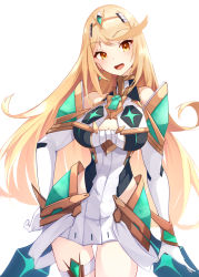 Rule 34 | 1girl, bare legs, bare shoulders, blonde hair, breasts, chest jewel, cleavage, cleavage cutout, clothing cutout, dress, earrings, elbow gloves, gloves, highres, jewelry, large breasts, long hair, mythra (xenoblade), risumi (taka-fallcherryblossom), short dress, solo, swept bangs, thigh strap, tiara, very long hair, white dress, white gloves, xenoblade chronicles (series), xenoblade chronicles 2, yellow eyes