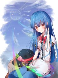 Rule 34 | 1girl, black headwear, blue hair, blue skirt, blue sky, bow, bowtie, center frills, closed mouth, collared shirt, commentary request, food, frills, fruit, hand in own hair, highres, hinanawi tenshi, keystone, leaf, long hair, looking at viewer, matcha yado, outdoors, peach, rainbow gradient, red bow, red bowtie, red eyes, shirt, short sleeves, sitting, skirt, sky, smile, solo, touhou