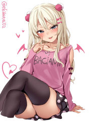 Rule 34 | 1girl, black thighhighs, blonde hair, blush, clothing cutout, commentary request, crossed legs, ebifurya, finger to cheek, grecale (kancolle), grey eyes, hair between eyes, heart, heart necklace, highres, jewelry, kantai collection, long hair, looking at viewer, necklace, one-hour drawing challenge, pink shirt, polka dot, polka dot skirt, print shirt, shirt, shoulder cutout, simple background, skirt, solo, thighhighs, twitter username, white background