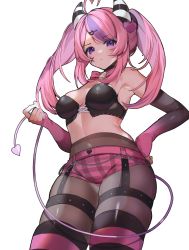 Rule 34 | 1girl, absurdres, ahoge, armpits, bow, bowtie, breasts, demon girl, demon horns, demon tail, elbow gloves, fingerless gloves, gloves, hair ornament, heart, heart ahoge, heart hair ornament, highres, holding own tail, horns, ironmouse, ironmouse (pink rock), long hair, looking at viewer, medium breasts, multicolored hair, pantyhose, pink hair, purple eyes, purple hair, sidelocks, solo, streaked hair, tail, thighhighs, twintails, virtual youtuber, vshojo, white background, yuniiho