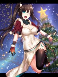 Rule 34 | 1girl, :d, bad id, bad pixiv id, black thighhighs, blue eyes, blurry, blurry background, blush, borrowed character, breasts, brown hair, christmas, christmas ornaments, christmas tree, cleavage, clothing cutout, commentary request, covered navel, cropped jacket, depth of field, dress, fishnet thighhighs, fishnets, fur trim, glint, gloves, green scarf, hair ornament, hair scrunchie, jacket, konshin, large breasts, letterboxed, long hair, looking at viewer, one eye closed, open clothes, open jacket, open mouth, original, outside border, red footwear, scarf, scrunchie, shoes, side cutout, single thighhigh, smile, solo, thighhighs, twintails, white dress