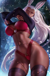 Rule 34 | 1girl, animal ears, black thighhighs, blurry, blurry background, bra, breasts, christmas lights, clothes lift, dark-skinned female, dark skin, final fantasy, final fantasy xii, final fantasy xiv, fran (ff12), gluteal fold, large breasts, lifting own clothes, lips, long hair, looking at viewer, navel, no pants, olchas, panties, parted lips, rabbit ears, red bra, red eyes, red panties, shirt lift, signature, solo, thighhighs, underwear, viera, watermark, white hair