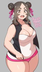 1girl agawa_ryou breasts brown_eyes brown_hair cleavage dated double_bun hair_bun large_breasts open_mouth plump short_shorts shorts smile solo thick_eyebrows thick_thighs thighs vest wide_hips