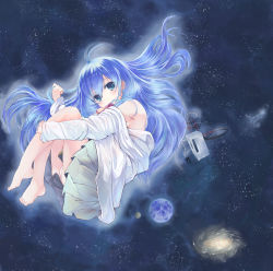 Rule 34 | 10s, 1girl, antenna hair, bad id, bad pixiv id, bare legs, bare shoulders, barefoot, bicycle, blouse, blue eyes, blue hair, denpa onna to seishun otoko, feet, fetal position, floating hair, food, full body, galaxy, highres, hugging own legs, long hair, long sleeves, looking at viewer, matching hair/eyes, mouth hold, off shoulder, panties, pantyshot, pizza, planet, plantar flexion, pleated skirt, ribbon, shirt, skirt, solo, space, spacecraft, star (sky), touwa erio, tsuzuri (itosousou), underwear, undressing, upskirt, very long hair, white panties, white shirt, zero gravity