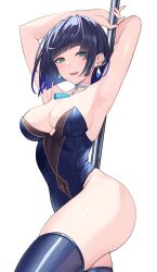 Rule 34 | 1girl, alternate costume, aqua eyes, armpits, arms up, ass, blue hair, blue leotard, blue thighhighs, blunt bangs, blunt ends, blush, breasts, choker, cleavage, cowboy shot, earrings, genshin impact, highleg, highleg leotard, highres, jewelry, large breasts, leotard, md5 mismatch, mikoto paint, naughty face, open mouth, pole dancing, resolution mismatch, short hair, simple background, skindentation, smile, source larger, teeth, thick thighs, thighhighs, thighs, upper teeth only, white background, white choker, yelan (genshin impact)