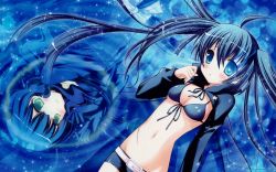 Rule 34 | 10s, 2girls, artist request, belt, black hair, black rock shooter, black rock shooter (character), blue eyes, breasts, cleavage, dead master, long hair, multiple girls, robe, scar, shorts, small breasts, twintails, very long hair