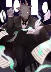 Rule 34 | 1boy, absurdres, amesawa pane, black coat, black neckwear, blurry, blurry foreground, body fur, book, buttoned cuffs, buttons, claws, coat, coat on shoulders, commentary request, cross tie, crossed legs, fangs, fangs out, feet out of frame, formal, furry, furry male, goat boy, goat horns, grey fur, hand up, highres, holding, holding book, horns, long sleeves, looking at viewer, magic, male focus, mephistopheles (housamo), open book, red eyes, sanpaku, smirk, solo, standing, suit, tokyo houkago summoners