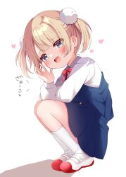 Rule 34 | 1girl, aged down, belt, blonde hair, blue dress, blue eyes, blush, dress, from side, hair ornament, hand to own mouth, heart, highres, indie virtual youtuber, kiyo (yamazoe1122), looking at viewer, open mouth, pinafore dress, pleated dress, pom pom (clothes), pom pom hair ornament, school uniform, shigure ui (vtuber), shigure ui (vtuber) (young), shirt, shoes, short hair, shukusei!! loli-gami requiem, sleeveless, sleeveless dress, smile, socks, solo, squatting, twintails, virtual youtuber, white footwear, white shirt, white socks