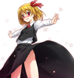 Rule 34 | 1girl, blonde hair, blush, embodiment of scarlet devil, female focus, hair ribbon, kusakami akira, necktie, outstretched arms, red eyes, ribbon, rumia, short hair, solo, spread arms, touhou