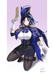 Rule 34 | 1girl, ascot, black hair, black pantyhose, black skirt, blue ascot, blue cape, breasts, cape, clorinde (genshin impact), commentary request, earrings, genshin impact, gradient background, gun, hand up, handgun, hat, highres, holding, holding gun, holding weapon, jewelry, kneeling, large breasts, long hair, looking at viewer, pantyhose, pencil skirt, pura 38, purple background, purple eyes, shirt, skirt, solo, thigh strap, thighs, tricorne, very long hair, weapon, white shirt