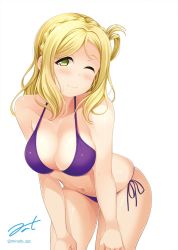 Rule 34 | 1girl, ;), bad id, bad twitter id, bare shoulders, bikini, blonde hair, braid, breasts, breasts squeezed together, cleavage, closed mouth, collarbone, cowboy shot, crown braid, green eyes, hair rings, halterneck, hino minato (spec.c), leaning forward, looking at viewer, love live!, love live! sunshine!!, ohara mari, one eye closed, parted bangs, parted hair, purple bikini, side-tie bikini bottom, signature, simple background, skindentation, smile, solo, string bikini, swimsuit, tareme, white background, yellow eyes
