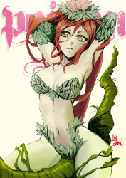 Rule 34 | 1girl, armpits, arms up, batman (series), between legs, breasts, cleavage, colored skin, dc comics, florakinesis, flower, green eyes, green skin, groin, hands in hair, jinbei, large breasts, monster girl, navel, plant, plant girl, poison ivy, red hair, rose, signature, sitting, solo, strapless, vines