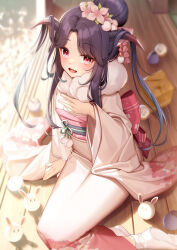 Rule 34 | 1girl, blue archive, blue hair, blurry, blurry background, blush, commentary request, day, fang, flower, from above, fur-trimmed kimono, fur trim, fuuka (blue archive), fuuka (new year) (blue archive), gradient hair, hair bun, hair flower, hair ornament, highres, horns, japanese clothes, kanzashi, kimono, long hair, long sleeves, looking at viewer, multicolored hair, nanafuton, obi, obiage, obijime, open mouth, parted bangs, pink eyes, pink kimono, porch, sash, sitting, skin fang, smile, solo, sunlight, tabi, wide sleeves, wooden floor, wooden porch, yokozuwari