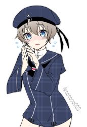 Rule 34 | 10s, 1girl, bad id, bad pixiv id, blue eyes, blush, clothes writing, dress, flying sweatdrops, hat, kantai collection, light brown hair, open mouth, own hands together, sailor dress, sailor hat, short hair, simple background, solo, toto (ritoto), twitter username, wavy mouth, z1 leberecht maass (kancolle)