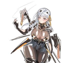 Rule 34 | 1girl, armor, armored boots, armored gloves, bandaged head, bandages, blush, bodystocking, boots, breasts, cable, cleavage, goddess of victory: nikke, grey hair, gun, hair ribbon, heavy machine gun, highres, large breasts, long hair, machine gun, mechanical tail, mechanical wings, modernia (nikke), nikumanman, red eyes, ribbon, see-through, see-through cleavage, shoulder armor, sidelocks, sketch, solo, tail, thick thighs, thighs, weapon, wide hips, wings, yellow ribbon