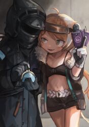 Rule 34 | 1girl, 1other, ahoge, arknights, belt, between fingers, black camisole, black coat, black gloves, black jacket, black shorts, buchi0122, camisole, clothes writing, coat, coin purse, commentary request, cowboy shot, croissant (arknights), crop top, doctor (arknights), envelope, fang, fur-trimmed jacket, fur trim, gloves, green eyes, grey gloves, highres, holding, holding envelope, hood, hood up, hooded coat, jacket, leaning on person, light blush, long hair, looking at another, looking to the side, midriff, multicolored eyes, navel, nervous sweating, open clothes, open jacket, open mouth, orange eyes, orange hair, seductive smile, short shorts, shorts, smile, spaghetti strap, standing, sweat, two-tone eyes, white belt