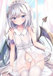 Rule 34 | 1girl, armband, bad id, bad pixiv id, bare shoulders, bed sheet, blue eyes, blue wings, bow, bow panties, brown hair, closed mouth, commentary request, curtains, demon girl, demon tail, demon wings, dress, gloves, gradient hair, hair between eyes, hat, heart, highres, long hair, looking at viewer, masayo (gin no ame), moe2021, multicolored hair, navel, nurse, nurse cap, original, panties, see-through, silver hair, sitting, skirt hold, sleeveless, sleeveless dress, smile, solo, tail, tail raised, thighhighs, two side up, underwear, very long hair, white dress, white gloves, white panties, white thighhighs, window, wings