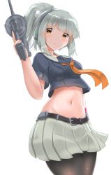 Rule 34 | adapted turret, belt, black pantyhose, bow, breasts, cannon, commentary request, cowboy shot, grey hair, grey sailor collar, grey shirt, grey skirt, groin, hair bow, highres, kantai collection, looking at viewer, navel, neckerchief, orange neckerchief, pantyhose, pleated skirt, ponytail, redundant-cat, sailor collar, school uniform, serafuku, shirt, simple background, skirt, small breasts, tank top, turret, white background, yuubari (kancolle), yuubari kai ni (kancolle)