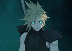 Rule 34 | 1boy, aqua eyes, armor, bare shoulders, blonde hair, closed mouth, film grain, final fantasy, final fantasy vii, green theme, hair between eyes, kiki lala, looking at viewer, male focus, pauldrons, shoulder armor, silhouette, single bare shoulder, single pauldron, slit pupils, solo, spiked hair, square enix, sword, turtleneck, upper body, weapon, weapon on back