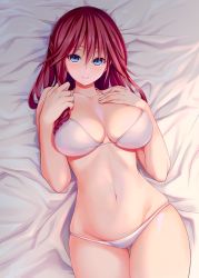 Rule 34 | 1girl, asami lilith, bare shoulders, bed sheet, bikini, blue eyes, blush, braid, breasts, collarbone, groin, hair between eyes, halterneck, large breasts, long hair, looking at viewer, lying, nao akinari, navel, on back, red hair, side braid, sidelocks, skindentation, smile, solo, stomach, swimsuit, thighs, trinity seven, white bikini