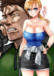 Rule 34 | 1boy, 1girl, alternate costume, blue eyes, breasts, brown hair, chris redfield, cleavage, closed mouth, commentary request, fingerless gloves, gloves, gun, handgun, jill valentine, large breasts, looking at viewer, medium hair, nagare, ponytail, resident evil, resident evil 3, resident evil 3: nemesis, resident evil 5, simple background, skirt, translated, weapon, white background