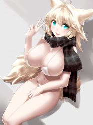Rule 34 | 1girl, absurdres, ahoge, animal ears, aqua eyes, bikini, bikini top only, blonde hair, breasts, cleavage, from above, hair intakes, highres, large breasts, legs together, looking at viewer, minarai tenna, monster girl, navel, original, parted lips, scarf, short hair, sidelocks, sitting, smile, solo, swimsuit, tail, v, white bikini