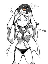 Rule 34 | 10s, 1girl, abyssal ship, aged down, ahoge, animal, animal on head, arms up, bad id, bad pixiv id, bikini, bikini bottom only, bird, blue eyes, cape, failure penguin, highres, holding, holding animal, kantai collection, long hair, neckerchief, on head, partially translated, pauldrons, penguin, robe, shoulder armor, simple background, single pauldron, sketch, solo, spot color, sukueni, swimsuit, ta-class battleship, text focus, translation request, white hair