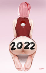 Rule 34 | 1girl, 2022, anus, artist name, ass, bare shoulders, barefoot, censored, commentary request, easonx, feet, from behind, gradient background, grey background, hairband, haruno sakura, highres, mosaic censoring, naruto (series), naruto shippuuden, no pants, pink hair, pussy, red hairband, red shirt, shirt, short hair, solo, watermark