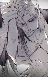 1boy 1girl artist_name biting biting_shoulder blush bra collarbone couple fingernails hand_on_another&#039;s_chest hetero highres holding_another&#039;s_wrist implied_sex long_hair looking_at_another love_and_deepspace monochrome protagonist_(love_and_deepspace) red_eyes sayahime short_hair shoulder_blush spaghetti_strap spot_color sweat sylus_(love_and_deepspace) underwear veins weibo_logo weibo_watermark