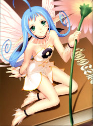 Rule 34 | 1girl, absurdres, ahoge, anklet, armpits, barefoot, blue hair, book, bracelet, breasts, choker, cleavage, cleavage cutout, clothing cutout, detached collar, dress, fairy, flat chest, flower, from above, full body, green eyes, hair rings, highres, jewelry, long hair, maple (shining tears), mini person, minigirl, no bra, pointy ears, ponytail, scan, see-through, sega, shining (series), shining tears, short dress, sitting, smile, solo, tony taka, very long hair, wings