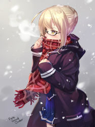 Rule 34 | 1girl, artoria pendragon (all), artoria pendragon (fate), blonde hair, blush, breath, copyright name, drawstring, fate/grand order, fate (series), glasses, highres, mysterious heroine x alter (fate), mysterious heroine x alter (first ascension) (fate), renka (renkas), saber (fate), scarf, scarf over mouth, semi-rimless eyewear, sketch, skirt, snow, solo, under-rim eyewear, yellow eyes
