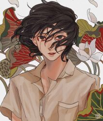 Rule 34 | 1boy, bishounen, black eyes, black hair, breast pocket, buttons, closed mouth, collared shirt, commentary request, crying, crying with eyes open, flower, highres, kagoya1219, looking at viewer, lotus, male focus, original, petals, pocket, shirt, short hair, short sleeves, signature, solo, streaming tears, tears, upper body, white background, white flower, white shirt, wind
