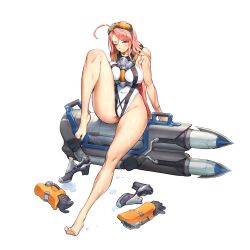 Rule 34 | 1girl, ahoge, bare legs, barefoot, beast hunter (last origin), black footwear, black gloves, breasts, covered navel, feet, full body, game cg, gloves, gloves removed, goggles, goggles on head, groin tendon, hair intakes, highleg, highleg swimsuit, highres, huge ahoge, kakiman, last origin, leg up, long hair, looking at viewer, medium breasts, official alternate costume, official art, one-piece swimsuit, one eye closed, pink hair, rebreather, red eyes, shoes, shoes removed, sitting, skindentation, solo, swimsuit, tachi-e, thick thighs, thighs, third-party source, torpedo, torpedo launcher, transparent background, wet, white one-piece swimsuit