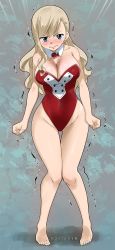 Rule 34 | 1girl, blonde hair, blue eyes, blush, breasts, cleavage, colorized, eden&#039;s zero, embarrassed, gaston18, highres, large breasts, long hair, mashima hiro, rebecca bluegarden, wide hips