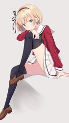 Rule 34 | 1girl, black socks, black thighhighs, blonde hair, blue eyes, blush, brown footwear, character request, closed mouth, copyright request, hairband, highres, hyuuga azuri, kneehighs, loafers, long sleeves, looking at viewer, shoes, sitting, skirt, socks, solo, thighhighs, white skirt