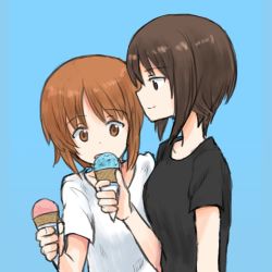 Rule 34 | 10s, 2girls, black shirt, blouse, blue background, brown eyes, brown hair, casual, food, from side, girls und panzer, ice cream, multiple girls, mutsu (layergreen), nishizumi maho, nishizumi miho, shirt, short hair, siblings, simple background, sisters, smile, upper body, white shirt