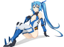 Rule 34 | 1girl, arm support, armor, ass, bare shoulders, black gloves, blue eyes, blue footwear, blue hair, bodysuit, boots, breasts, caryo, cleavage cutout, clothing cutout, full body, gloves, greaves, hair ornament, halterneck, headgear, high heels, leotard, light smile, long hair, magical girl, matching hair/eyes, midriff, nanashino, navel cutout, ore twintail ni narimasu, revealing clothes, shadow, simple background, sitting, small breasts, smile, solo, tailblue, thighhighs, tsube aika, turtleneck, twintails, vambraces, very long hair, white background