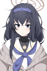Rule 34 | 1girl, black hair, blue archive, blue eyes, blue hairband, blue neckerchief, blush, cardigan, closed mouth, crossed bangs, hair between eyes, hairband, halo, highres, jewelry, kuroha uma, long hair, looking at viewer, neckerchief, necklace, off shoulder, sailor collar, school uniform, serafuku, simple background, solo, ui (blue archive), upper body, white background, white sailor collar