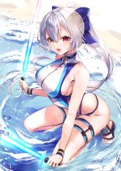 Rule 34 | 1girl, absurdres, blue bow, blue one-piece swimsuit, bow, breasts, competition swimsuit, dual wielding, energy sword, fate/grand order, fate (series), hair between eyes, hair bow, hane yuki, highleg, highleg swimsuit, highres, holding, kneeling, large breasts, long hair, looking at viewer, one-piece swimsuit, open mouth, ponytail, red eyes, sandals, shore, silver hair, smile, solo, swimsuit, sword, thigh strap, thighs, tomoe gozen (fate), tomoe gozen (swimsuit saber) (fate), tomoe gozen (swimsuit saber) (first ascension) (fate), two-tone swimsuit, water, weapon, wet, white one-piece swimsuit