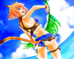 Rule 34 | 00s, 1girl, animal ears, ass, blue eyes, breasts, final fantasy, final fantasy xi, looking back, midriff, mithra (ff11), one eye closed, orange hair, shorts, sideboob, skindentation, small breasts, solo, swimsuit, tachibana chata, tail, wink