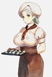 Rule 34 | 1girl, apron, ascot, blush, breasts, brown apron, brown ascot, brown skirt, chef hat, creatures (company), game freak, green eyes, hat, highres, katy (pokemon), large breasts, light green hair, mole, mole on cheek, natsuoto rito, nintendo, oven mitts, pokemon, pokemon sv, puffy short sleeves, puffy sleeves, short sleeves, side part, skirt, waist apron