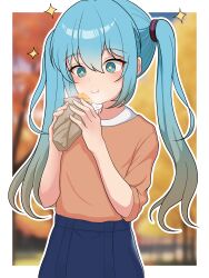 Rule 34 | + +, 1girl, absurdres, autumn, blue eyes, blue hair, blurry, blurry background, blush, chewing, commentary, eating, food, hair tie, hatsune miku, highres, holding, holding food, kumada gaon, long hair, roasted sweet potato, shirt tucked in, skirt, smile, solo, sparkle, sparkling eyes, sweet potato, twintails, vocaloid